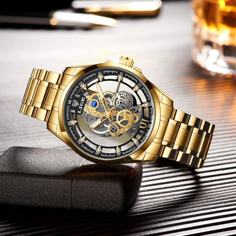 LIGE New Men Watch Skeleton Quartz Wristwatch Gold Skeleton Retro Man Watch Top Brand Luxury Clock Mens Watches Reloj
