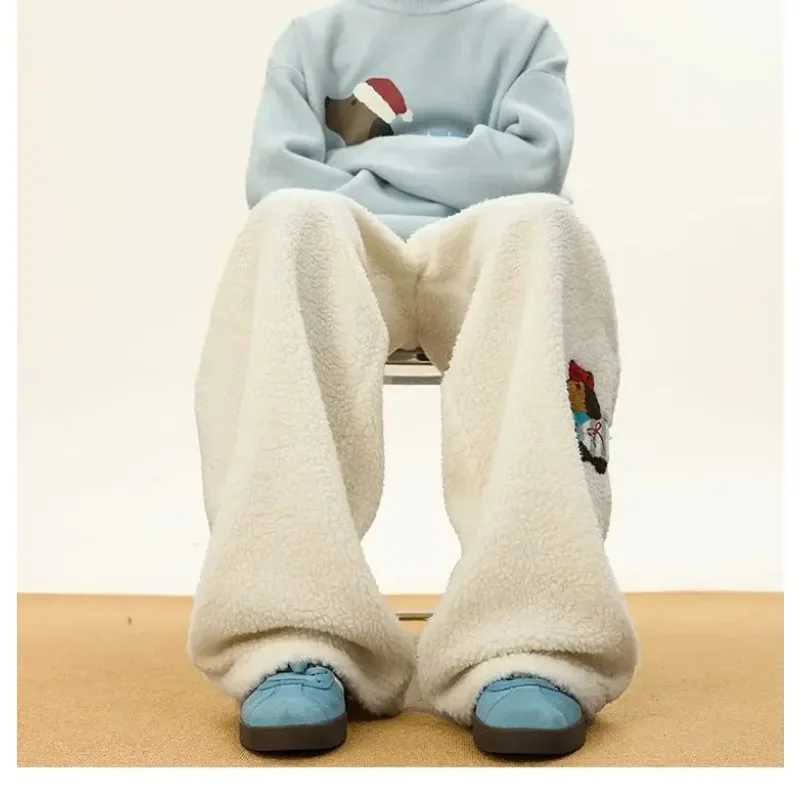 Winter Lambswool Sweatpants Men Women Cartoon Embroidered Padded Thicken Warm Casual Trousers Male Unisex Couple Straight Pants X241216