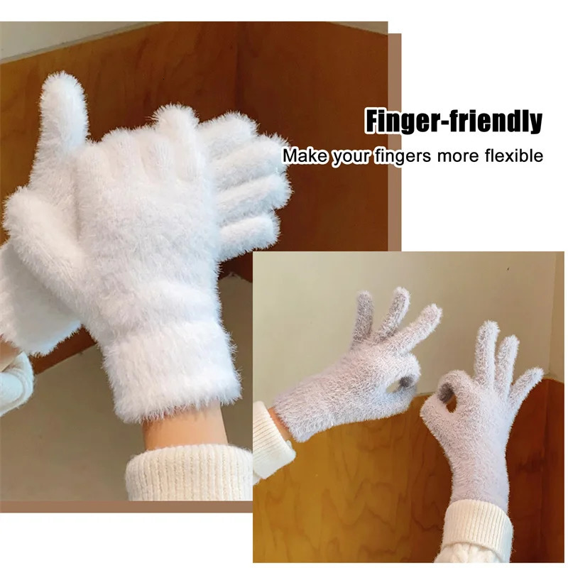 2025 Winter mink velvet simulated rabbit fur five finger gloves for warmth and cold protection womens outdoor bicycle 241212