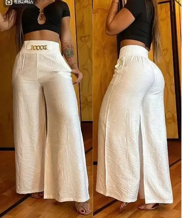 Womens high waisted wide leg pants elegant chain decoration black Trousers casual clothing white summer 241212