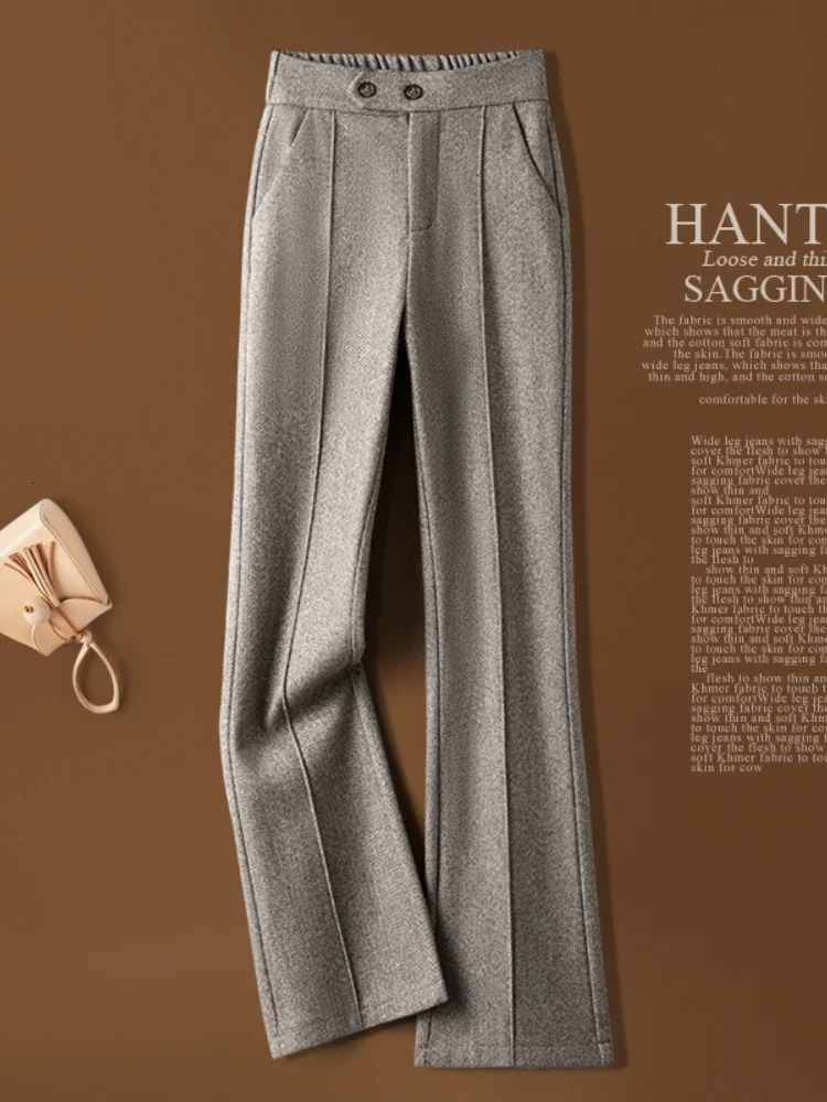 Womens herringbone wool pants autumnwinter 2024 elastic waist flash fashionable warm and comfortable black Trouser womens 241212