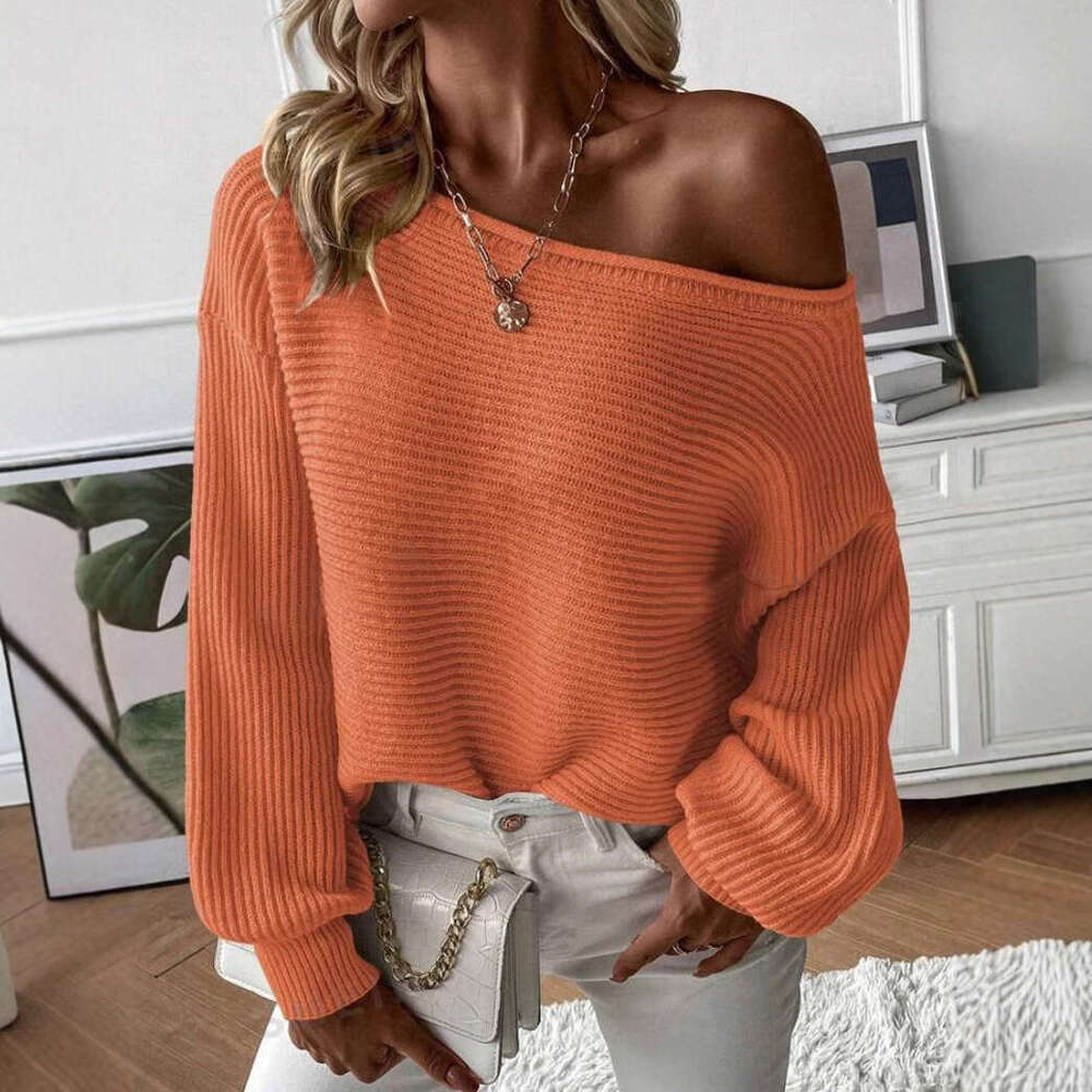 European American And Winter Knitwear Clothing, Autumn Women's Casual One Necked Off Shoulder Solid Color Versatile