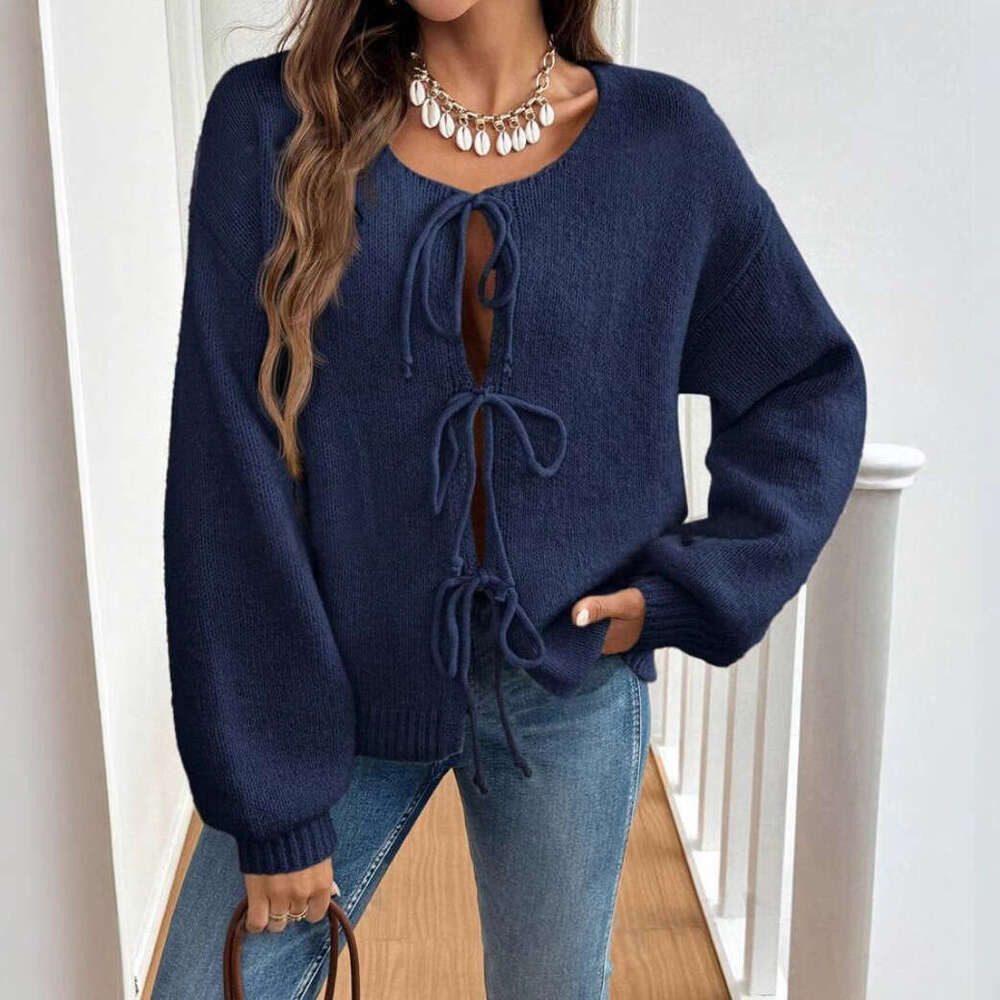 European American And Winter Clothing, Autumn Women's Casual Loose Cardigan, Lace Up Solid Color Sweater