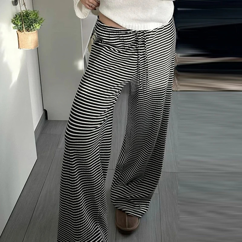 Cuteandpsycho Casual Striped Print Loose Pants Streetwear Laceup Basic 90s Trousers Aesthetic Y2K Harajuku Bottoms 241212