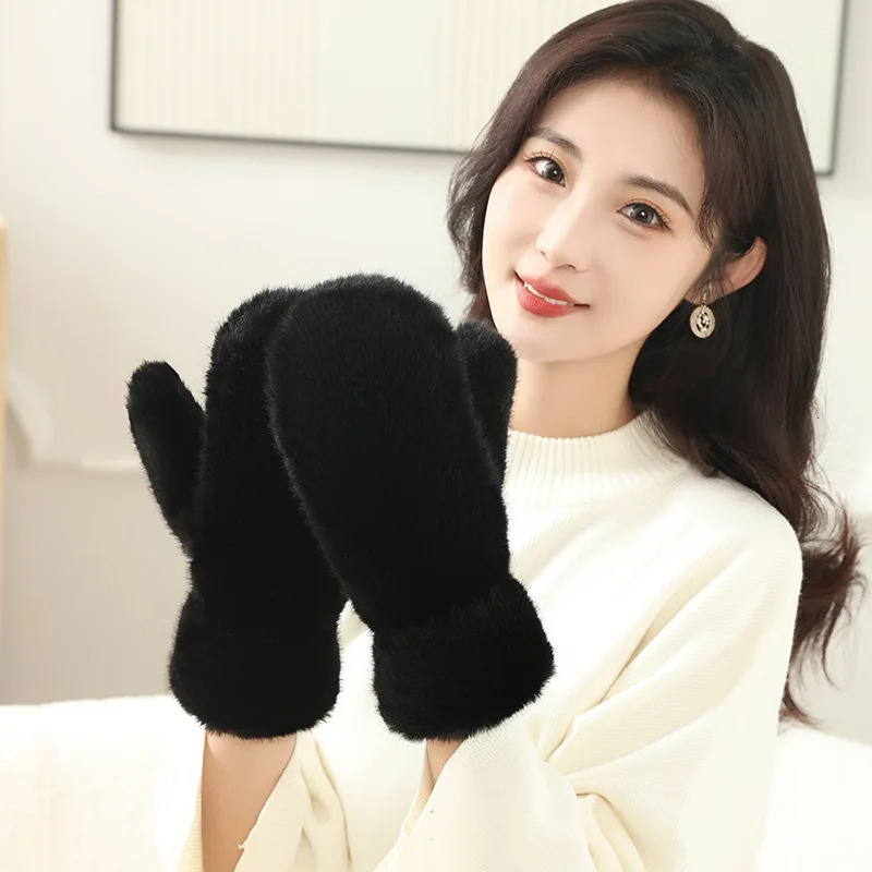 Womens Winter Gloves Thick Warm Plus Cashmere Soft Full Finger Windproof Plush Rabbit like Fur 241212