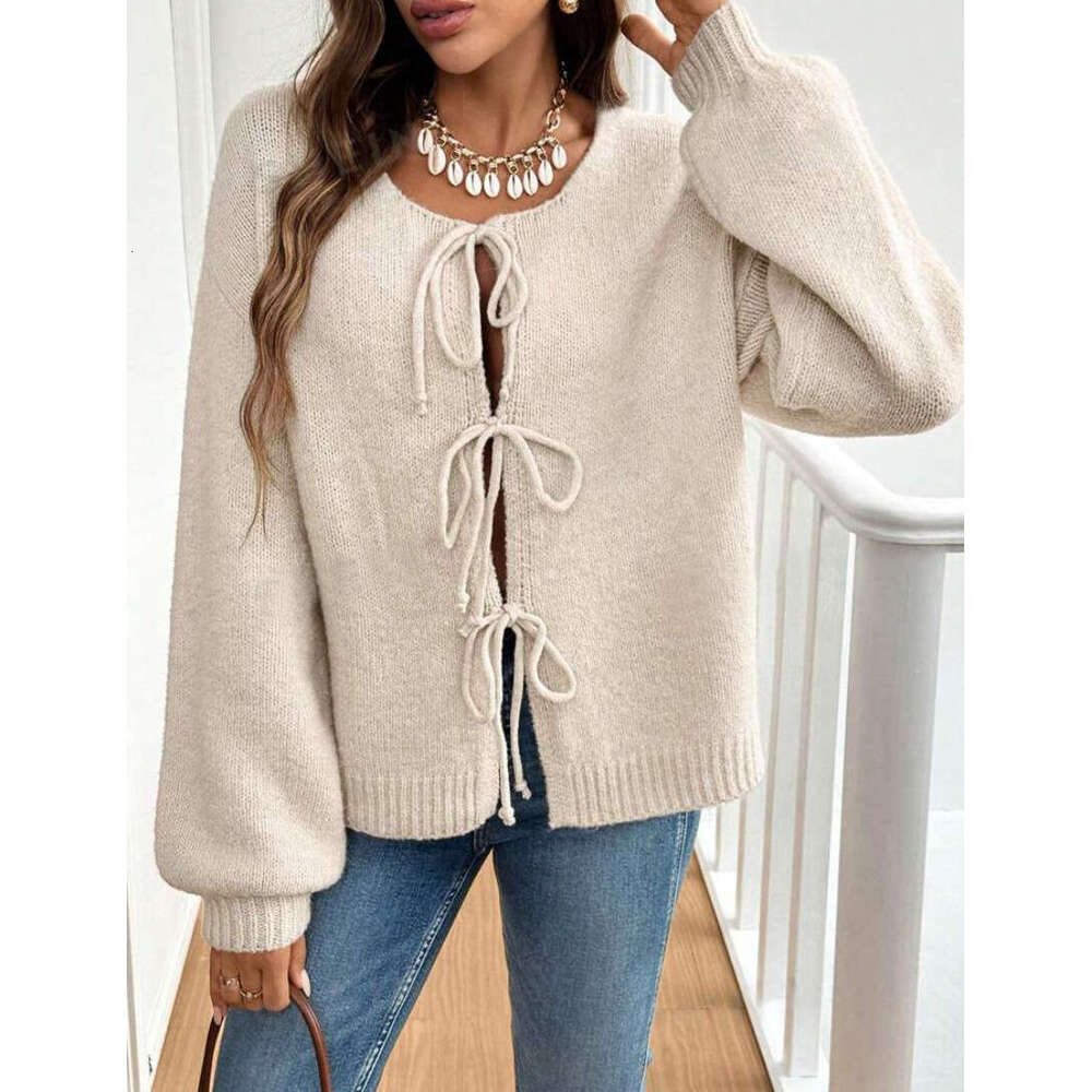 European American And Winter Clothing, Autumn Women's Casual Loose Cardigan, Lace Up Solid Color Sweater
