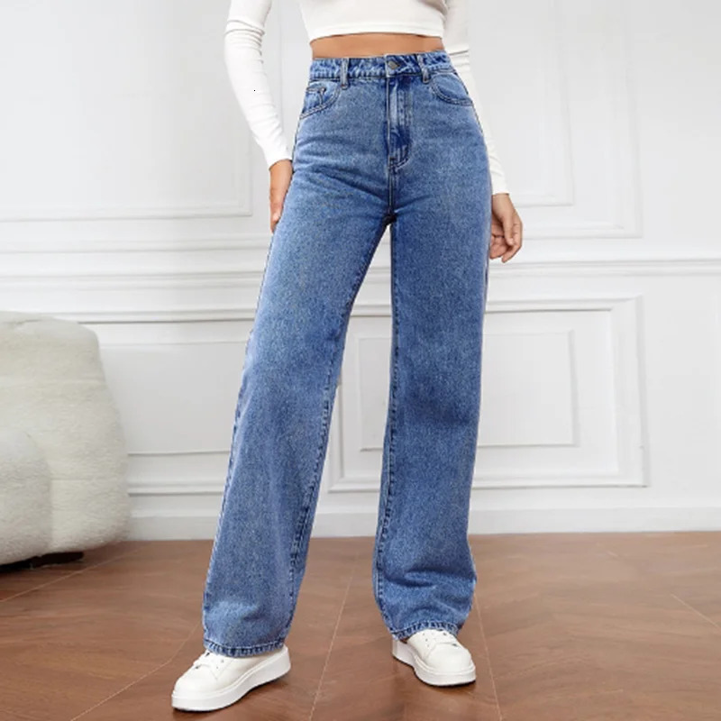 High Waist Light Blue Pocket Jeans Street Simple Casual Autumn Spring Straight Leg Pants 241212