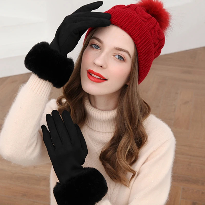 Fashion womens winter warm suede leather touch screen gloves artificial rabies fur embroidered with velvet thick driving H92 241212
