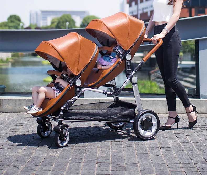 Strollers# 3 in 1 Twin PramFree Shipping Twin Baby Stroller3in1 PU Leather Pram Foldable Twin Baby Carriage Reviserbale Double Stoller S2412166