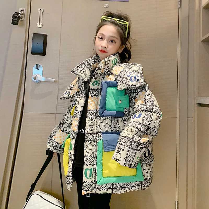 Winter Junior Girls Parkas Cotton Padded Printed Patchwork Toddler Kids Girl Outerwear Loose Contrast Pockets Baby Girls JacketsXJ241214