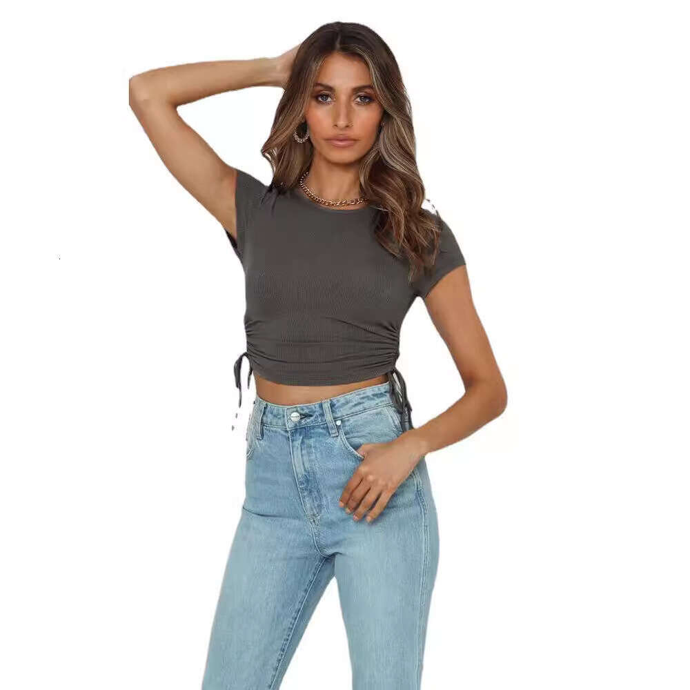 Fashionable Sexy Pit Stripe Exposed Navel Cut Drawstring Strap Round Neck Short Sleeved T-Shirt European And American Women's Top Fashionable Qua