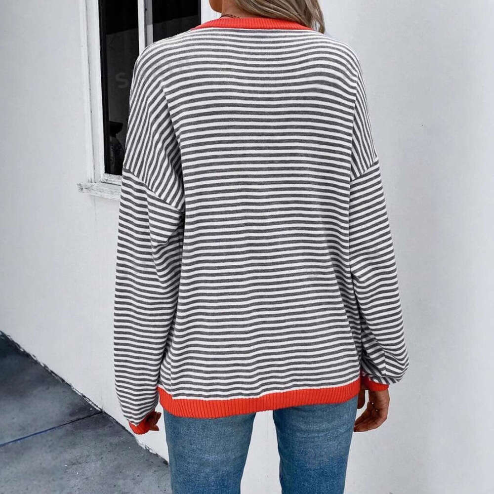 European And American Autumn Clothing, Striped Round Neck Contrasting Color, Shoulder Down Long Sleeved Knitted Sweater, Women's Fashion Quality 