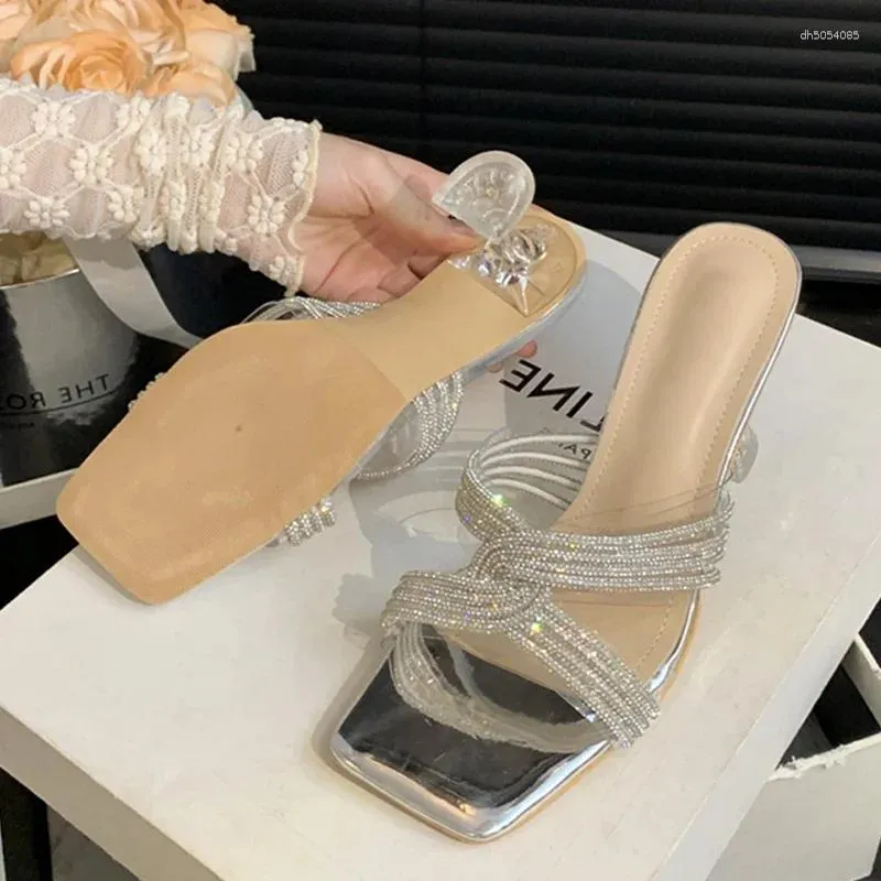 Slippers 2025 Summer Sexy PVC Transparent Open Toe Crystal Narrow Band Women Banquet Low Heels Shoes atos Mujer