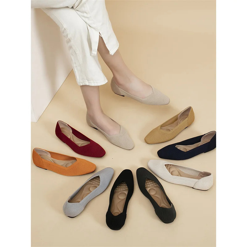 Womens shoes square toe knitted flat shoes 2024 spring fashionable and beautiful rubber sole anti slip shallow casual walking shoes 241213
