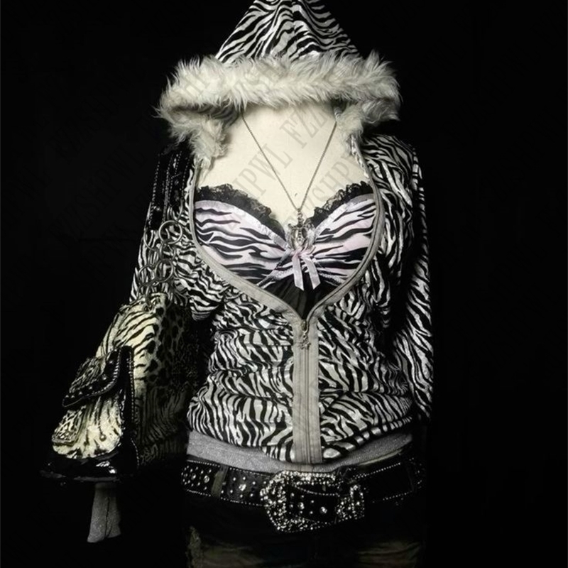 90s Zebra Printed Harajuku Punk Gothic Zipper Hoodie for Women Y2K Sexy Slim American Retro Fur Hip Hop Garbage Fashion Womens Top 241214