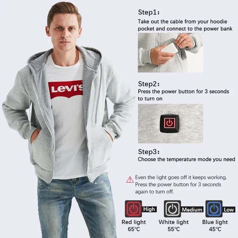 100% pure cotton far-infrared USB battery powered mens hoodie jacket sweater 241214