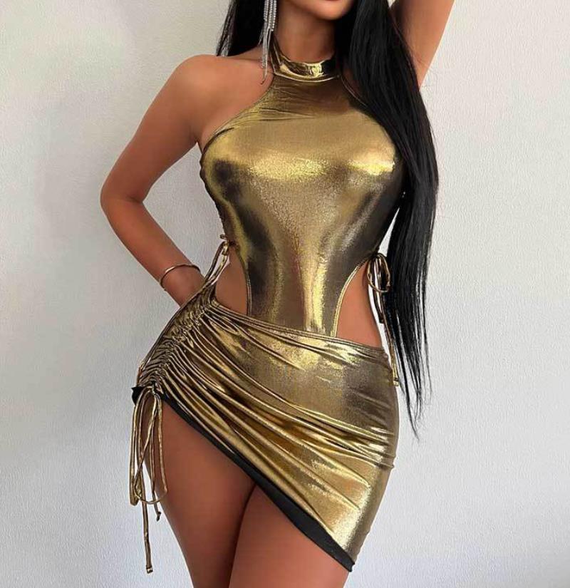Hot selling women's summer bright face set sexy light mature spicy girl jumpsuit with high waist drawstring wrapped skirt