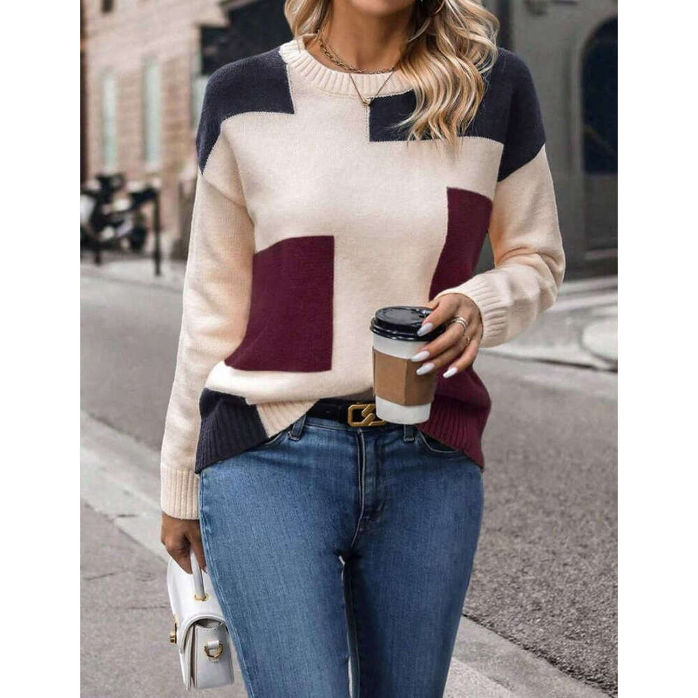 Autumn Clothing For Women In European And American Foreign Trade, Color Blocked Knitted Sweaters, Round Neck Pullover Tops, Fashionable Quality, Class