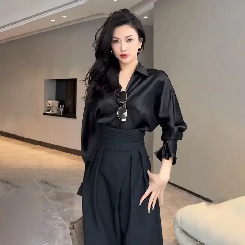 2024 Black n Wide Leg Pants Weight Loss Set Magic High Waist Loose Straight Pull Down Mop Casual Trousers 241212