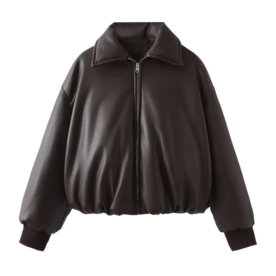 PU Leather Short Flight Jacket for Women Cotton Clothing Minimalist Retro Coffee Color Zipper Long Sleeve Casual 241121