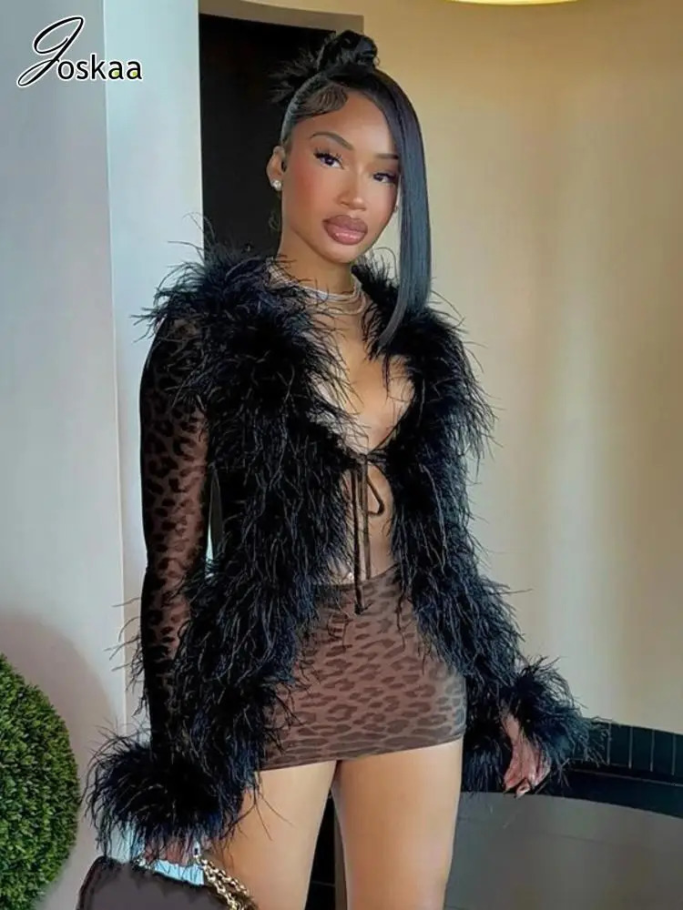 Joskaa Leopard Print 2 Piece Sets Women Sexy Furry Collar Long Sleeve Lace-Up Tops and Mini Skirts Matching Midnight Clubwear 241216