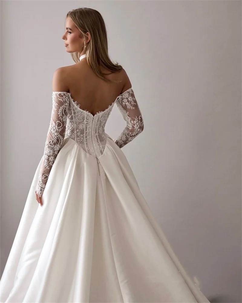 Elegant Bridal Dress Lace Appliques Wedding Off Shoulder Long Sleeves A e Gown Split Side Sweep Train Customized Dresses Vestido De Novia