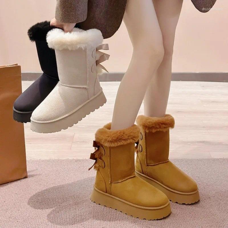 Boots 2024 Winter Bow Hair Mouth Plus Pile Thick Cotton Casual All-match Soled Mid-tube Snow