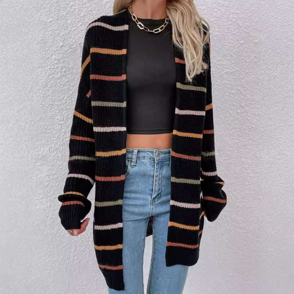 European American Clothing Women's Long Sleeved Horizontal Striped Cardigan Jacket Spring And Autumn Winter New Style