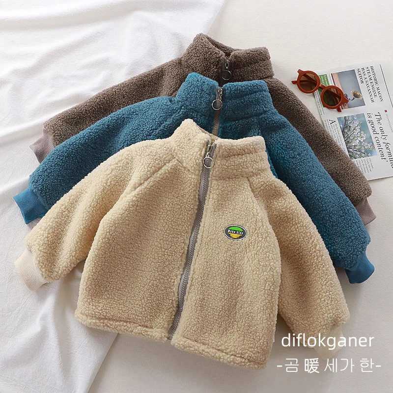 Autumn and Winter Childrens Coat Long-Sleeved Thickened Warm Lambswool Boys and Girls Solid Simple Casual Coral Fleece JacketXJ241214