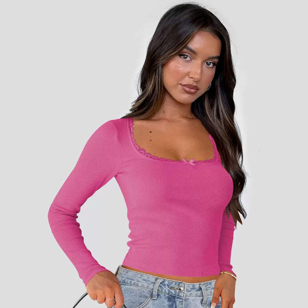 New Long Sleeved T-Shirt For Women's Fashion Trend, Slimming And Slimming, Lace Patchwork Spicy Girl Top, U-Neck Base Shirt, Fashionable Quality,