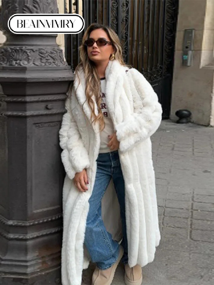 Womens Casual White Collar Faux Fur Coat Womens Elegant Thick Warm Long Sleeve Angry Long Open Fashion Coat 241210