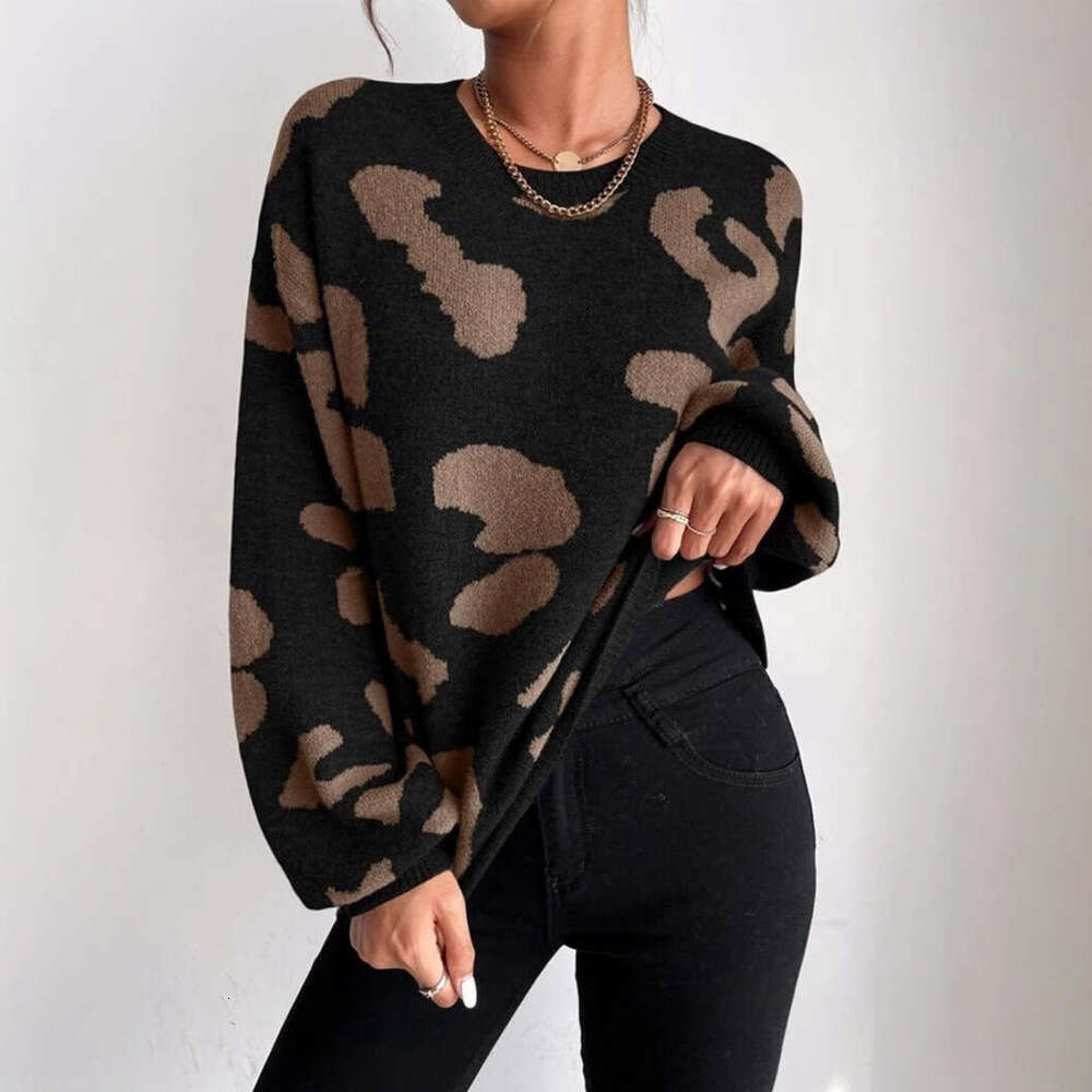 Classic Leopard Print Sweater For Autumn Winter In European And American Foreign Trade, Women's Fashion Temperament Pullover Round Neck Knitted T