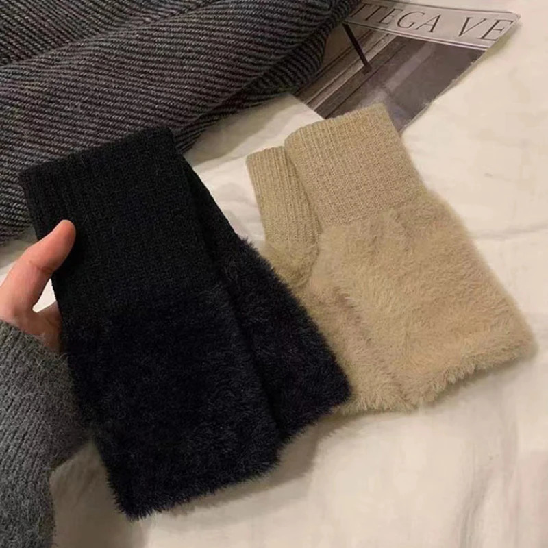 Mink wool soft winter half finger gloves warm plush knitted fingerless 241212