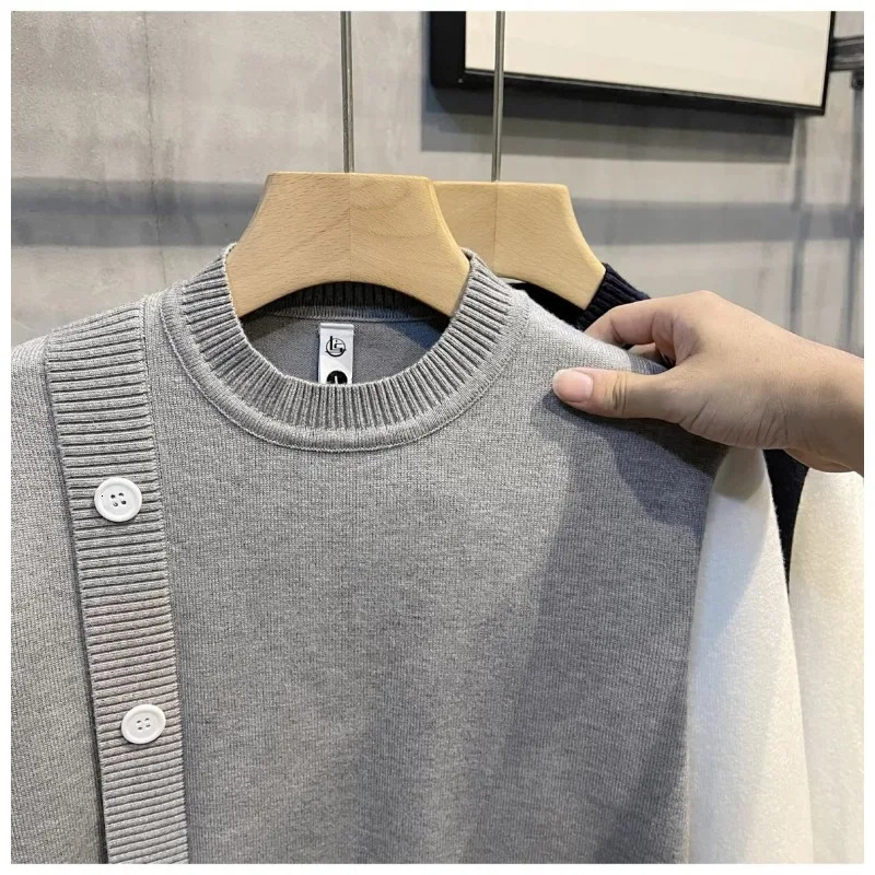 Autumn Winter Mens Clothing Long Sleeve Button Round Neck Contrast Color Pullover Sweater Knitted Casual Boyfriend Retro Tops 241216