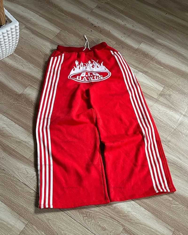 Y2K Harajuku Streetwear American Hip-hop Retro Striped Sweatpants Punk Style Letters Anime Print Baggy Straight Wide Leg Pants X241216