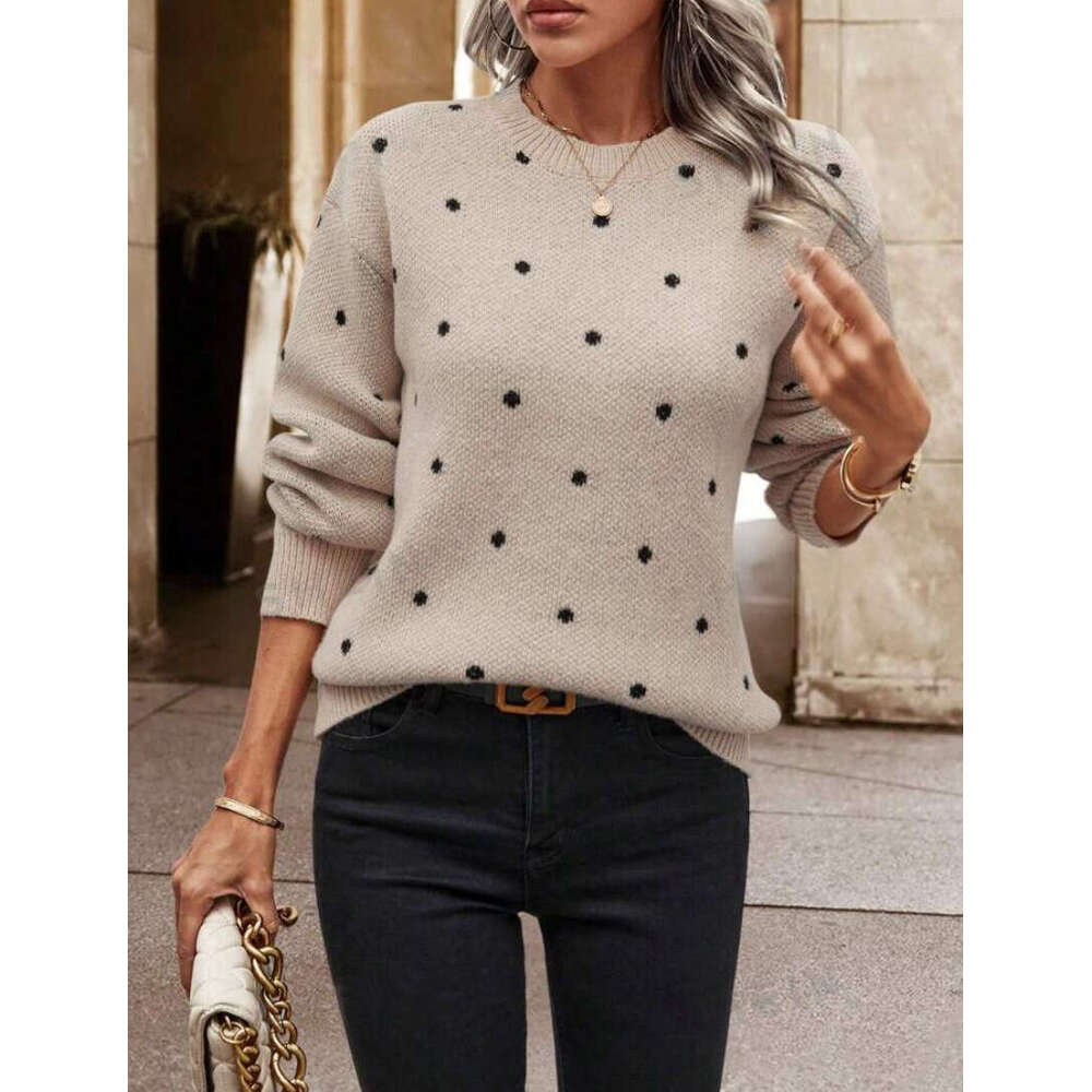 European And American Foreign Trade Fashion Round Neck Long Sleeved Pullover Clothes Autumn Women's Polka Dot Jacquard Knitted Sweater Top