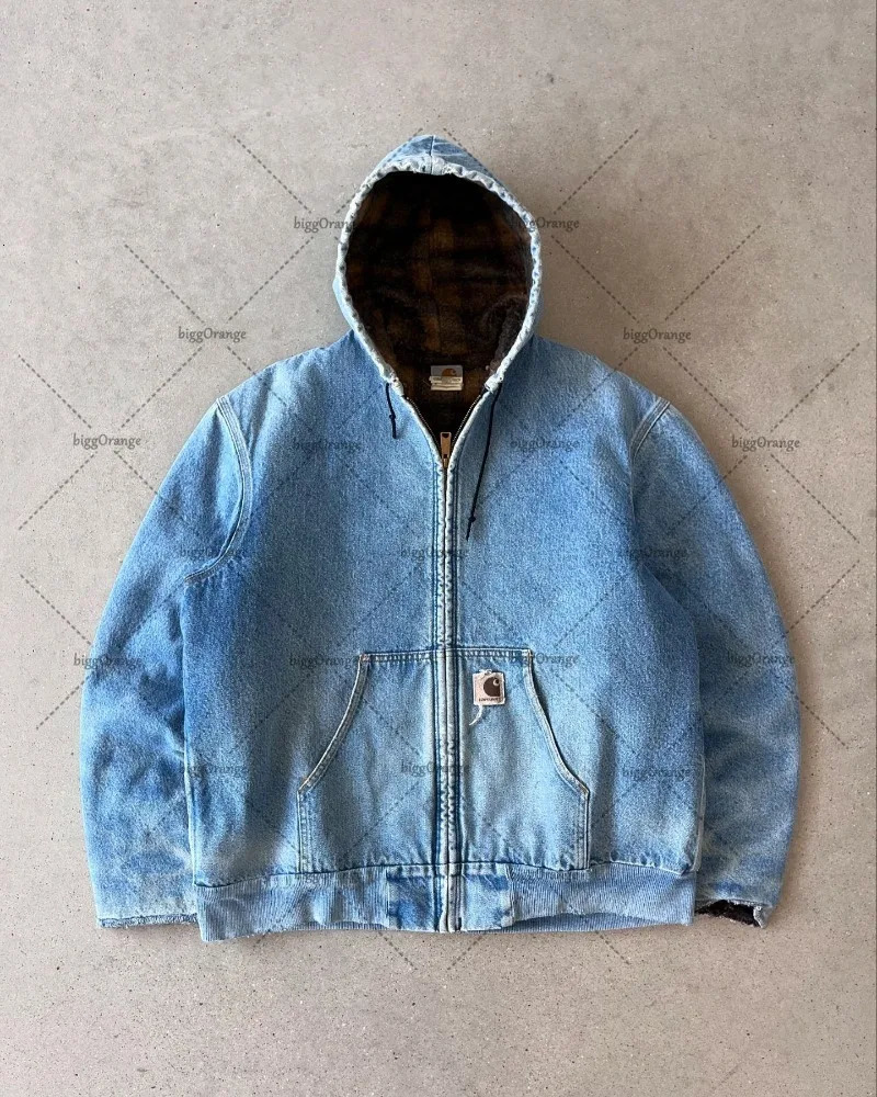 European and American Fashion Streetwear Retro Harajuku Plaid Oversized Zipper Hoodie Men Punk Casual Loose Denim Jacket 241216