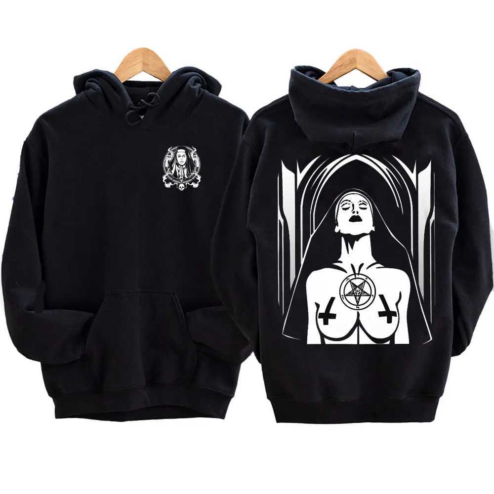 The Bad Nun Satan Strt Hip-Hop Nun Print Flce Sweater Harajuku Autumn and Winter Casual Long-sleeved Antisocial Men Hoodie X241216