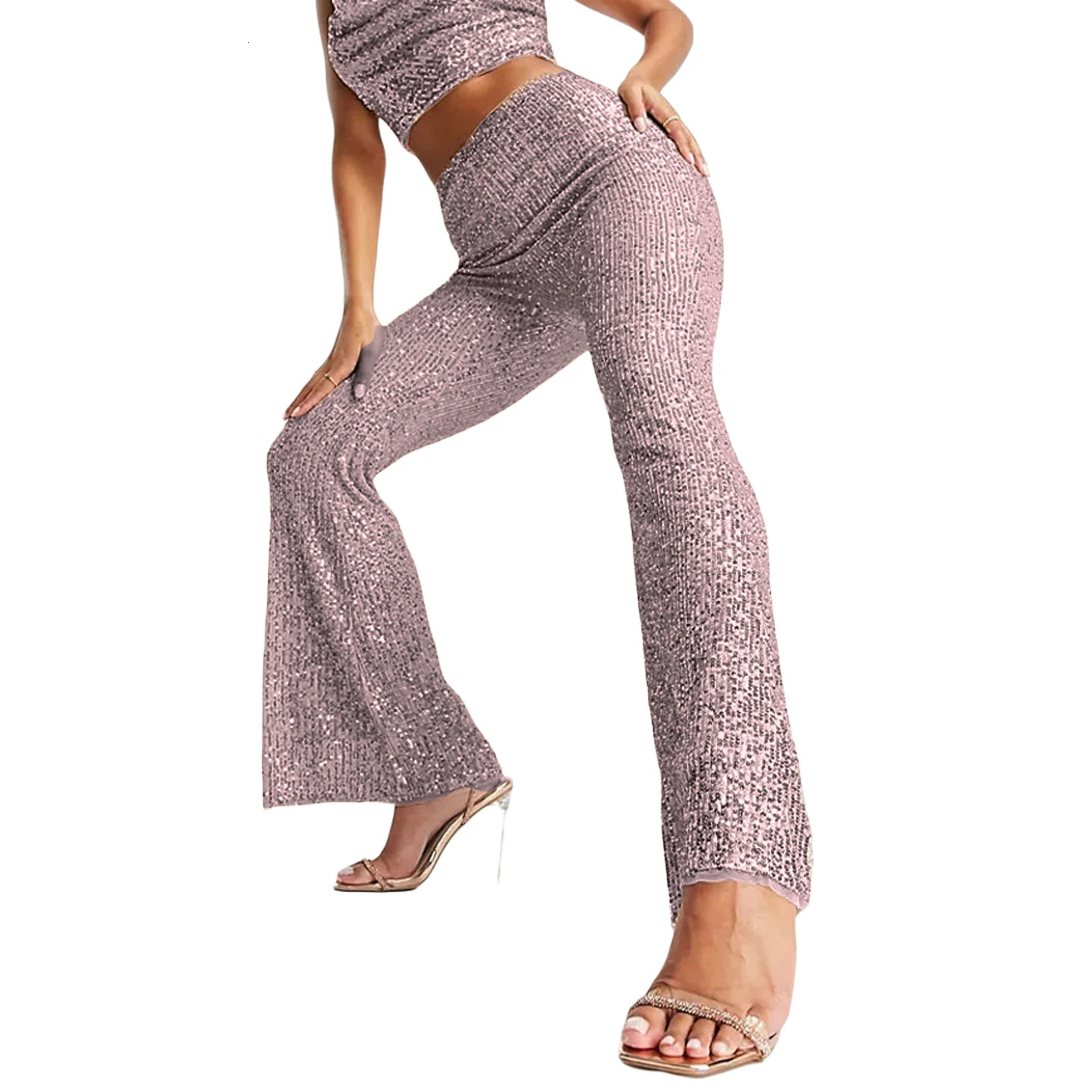 Womens high waisted sequined Flared Pants solid color elastic band tight pants Y2k casual set shiny bell bottom 241212