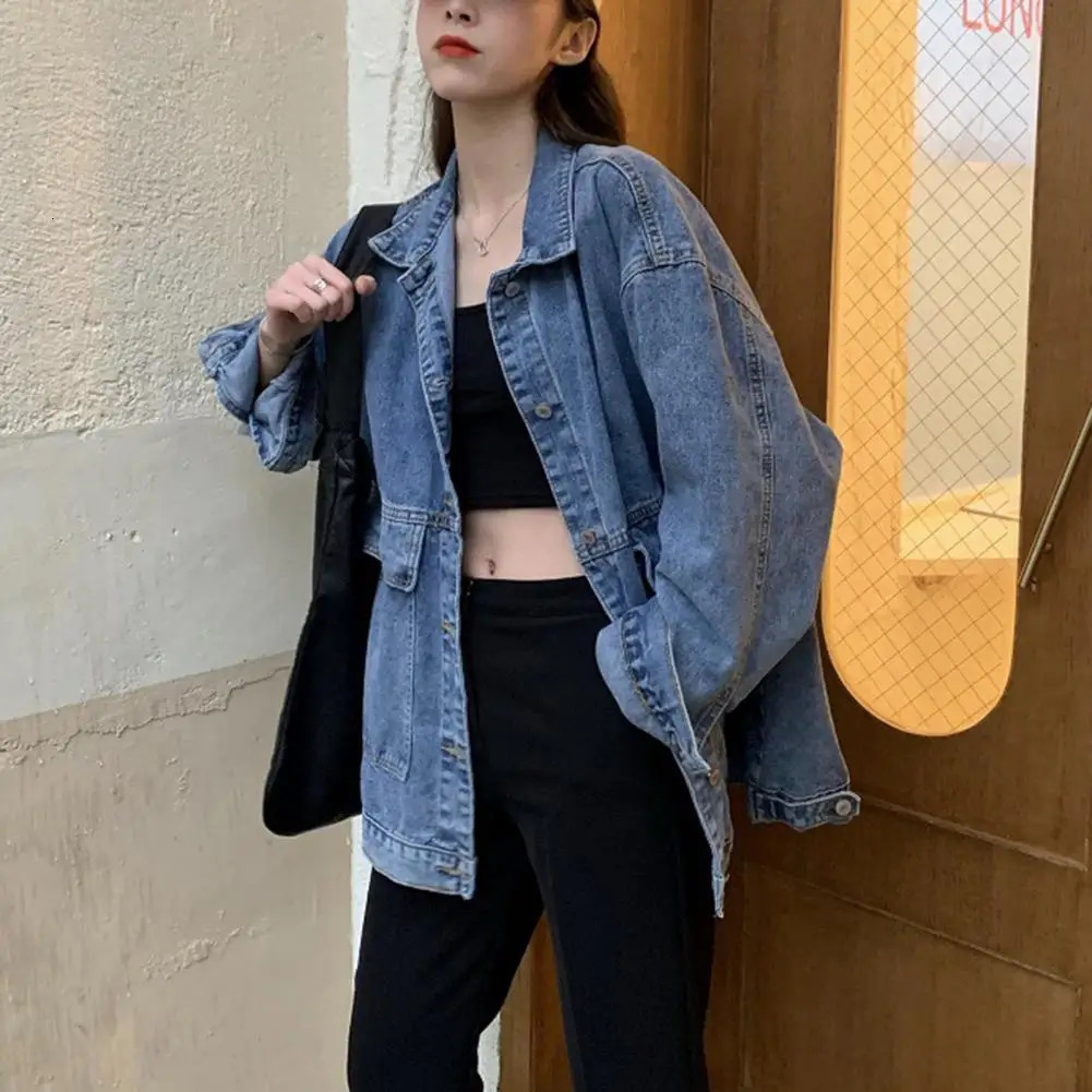Womens jacket washed denim single breasted open button warm long sleeved shirt lapel womens coat clothing 241211