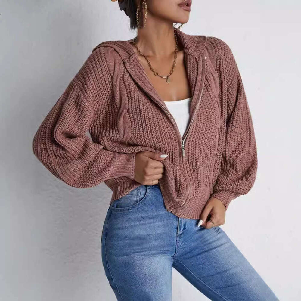 New European American Clothing For Foreign Trade, Women's Autumn And Winter Hooded Cardigan, Knitted Waffle Hoodie Top