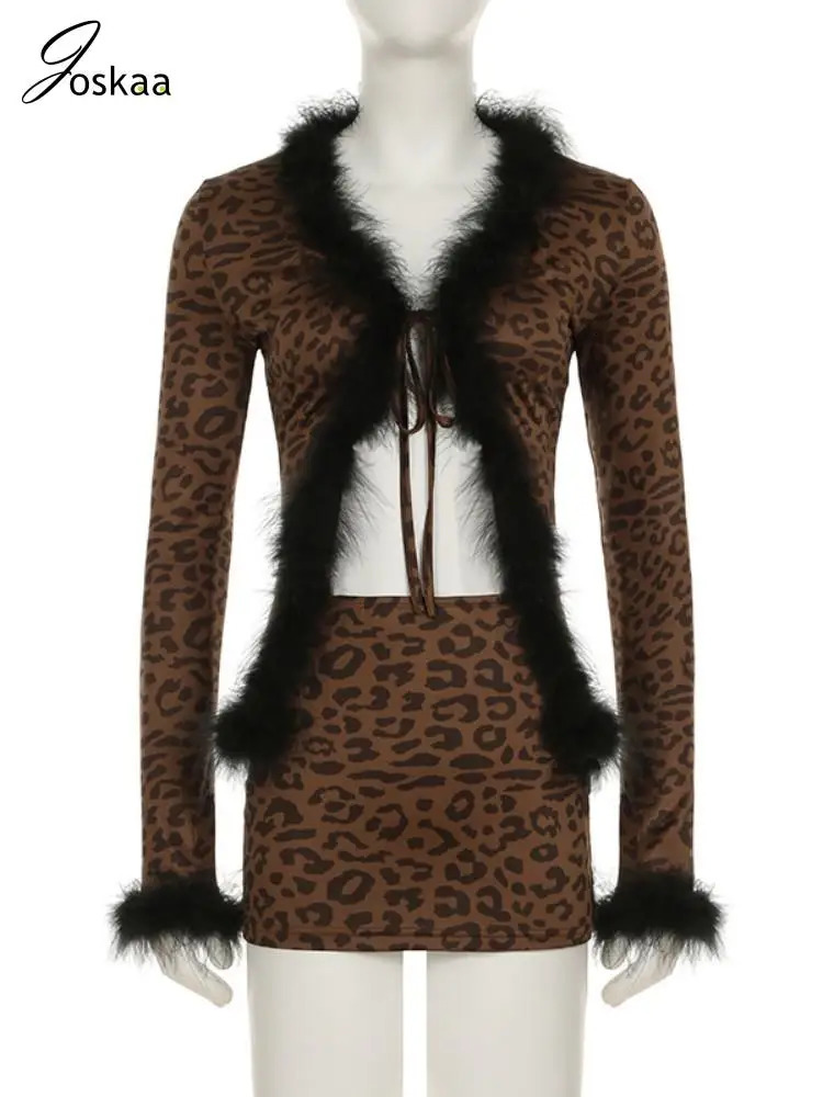 Joskaa Leopard Print 2 Piece Sets Women Sexy Furry Collar Long Sleeve Lace-Up Tops and Mini Skirts Matching Midnight Clubwear 241216