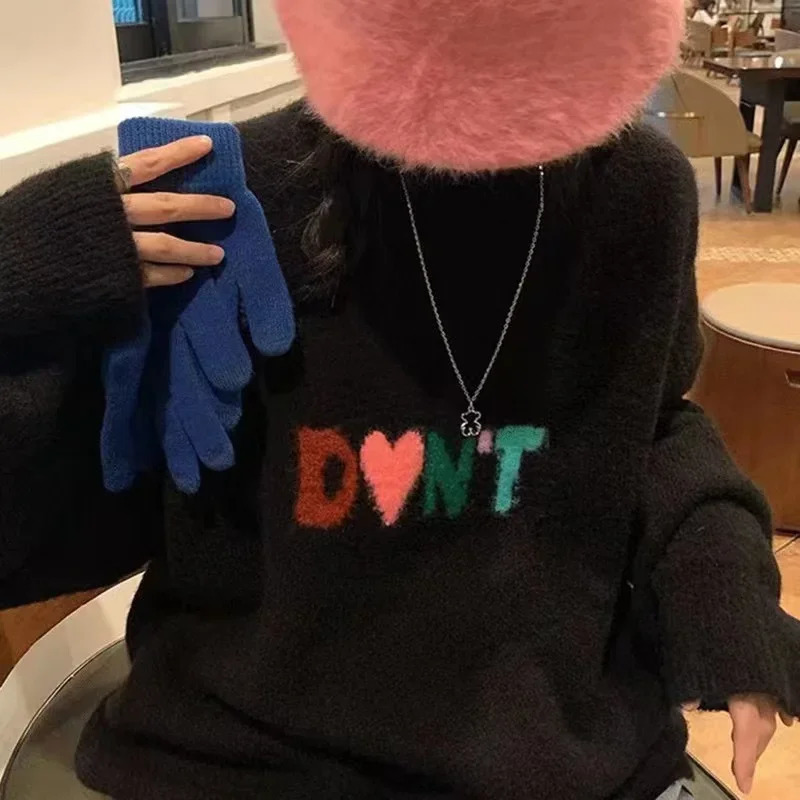 Sweater Women Fashion Letter Print Knitwear Jumper Thicked Casual Oversized Rops Mujer Korean Y2k Knit Pullovers 241216