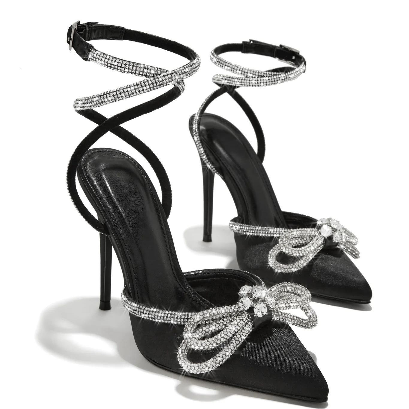 New Pointed And Shiny Rhinestone Bow With Thin Winding Straps, Party Banquet Women's High Heels, Single Shoes
