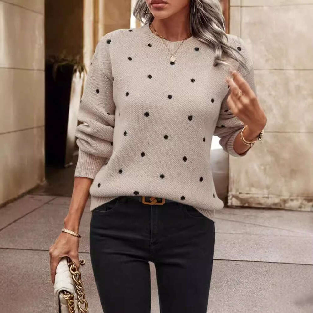 European And American Foreign Trade Fashion Round Neck Long Sleeved Pullover Clothes Autumn Women's Polka Dot Jacquard Knitted Sweater Top