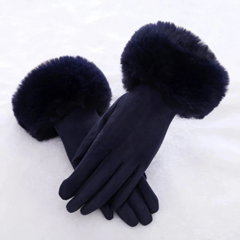 Womens artificial rabbi fur suede leather touch screen driving gloves winter warm plush thick embroidery full finger bicycle H92 241212