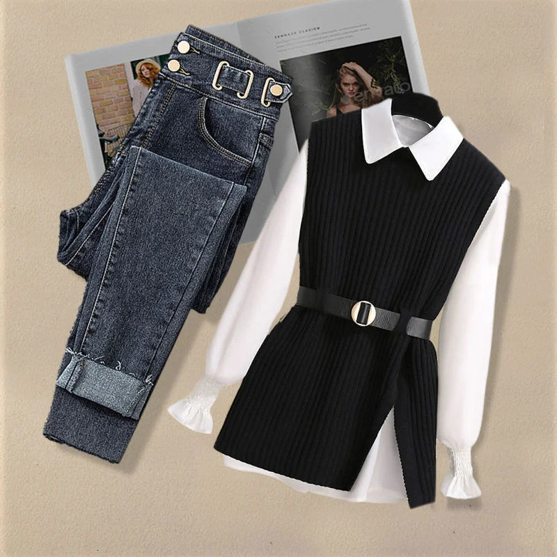 Womens autumn and winter set 2023 Korean fashion knitted vest casual slim fit jeans three piece 241212