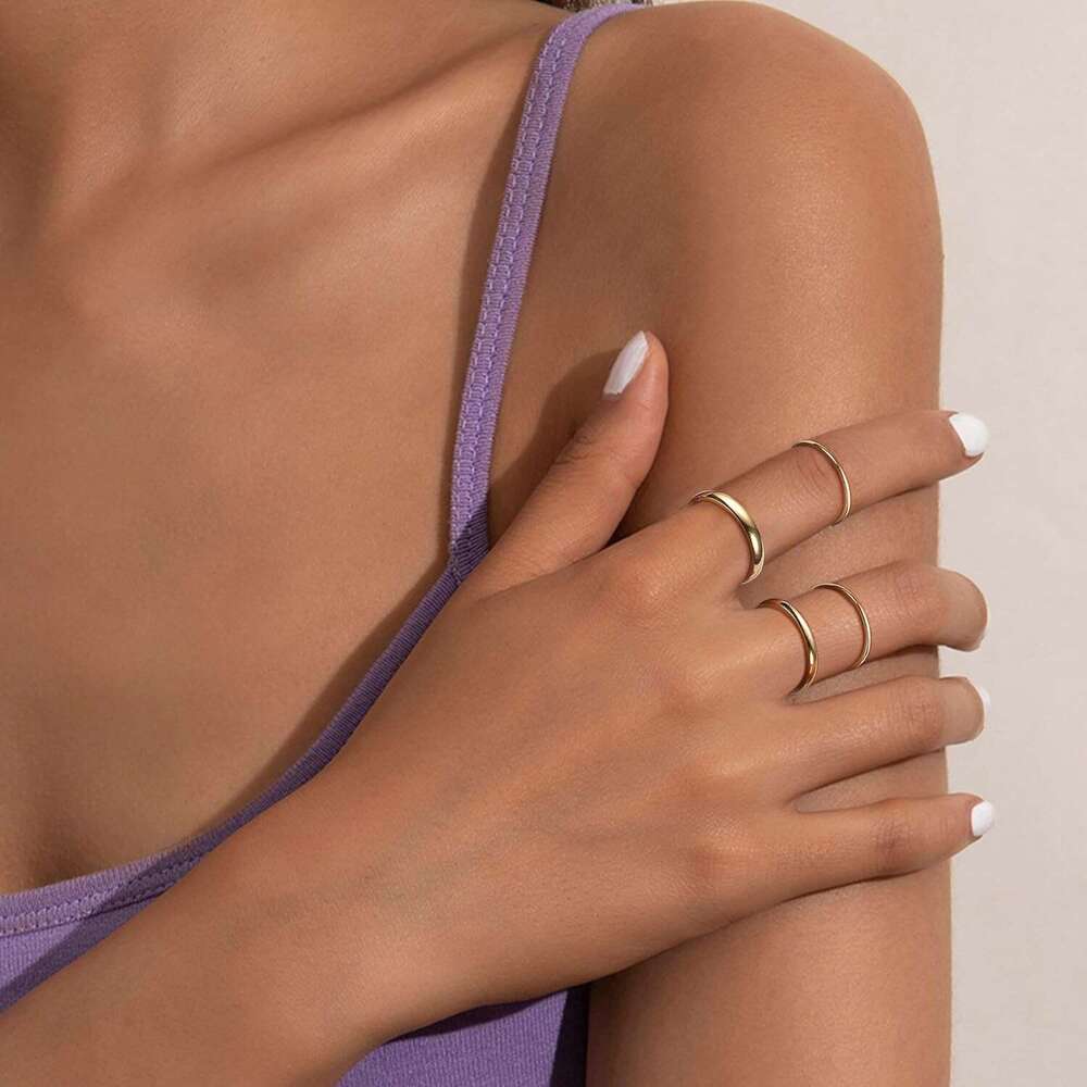 14K Filled Stacking Rings for Women Stackable Thin Gold Plain Pinky Thumb Midi Statement Band Ring Comfort Fit 4Pcs 1mm 2mm 3mm 5mm