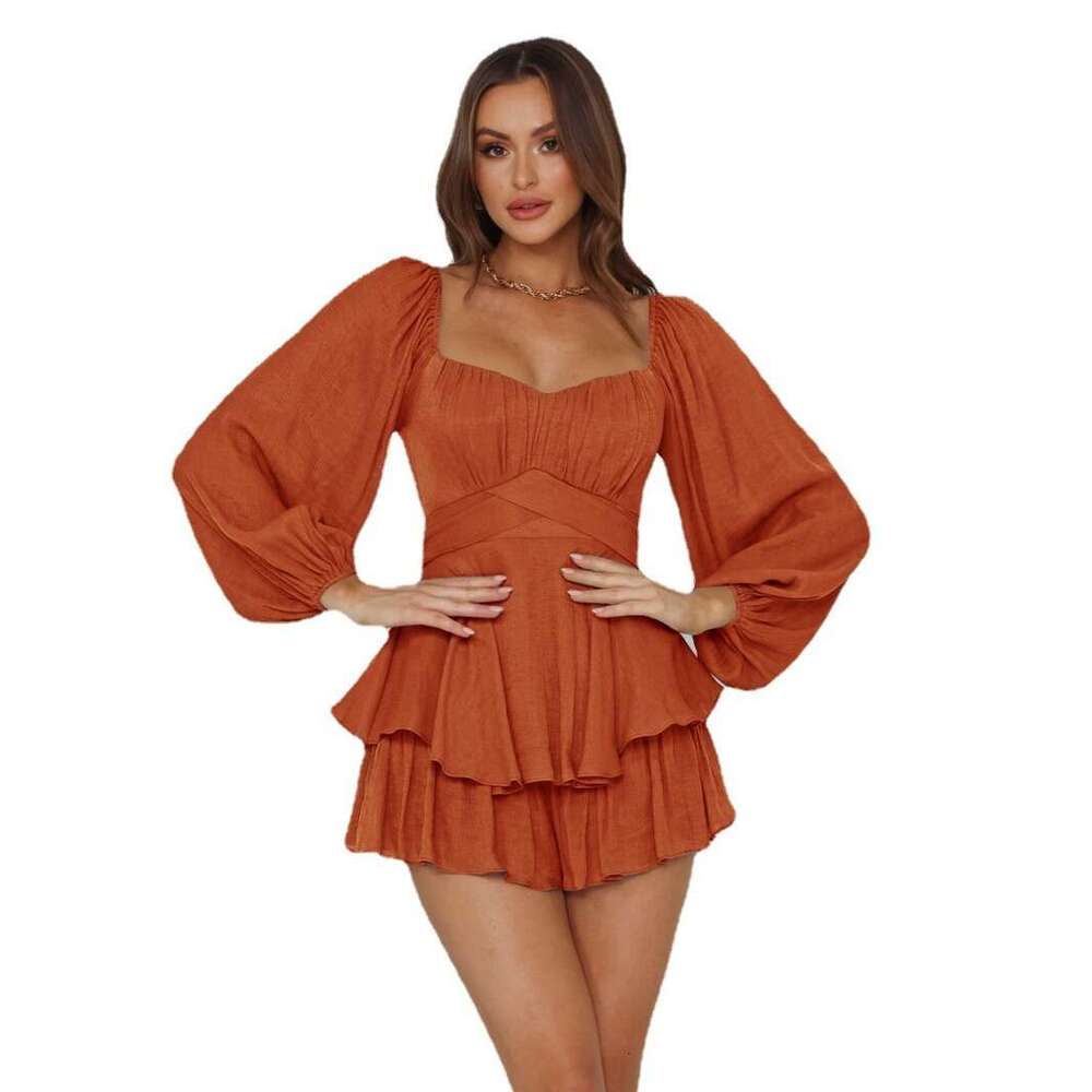 Jumpsuit Solid Color Women's Autumn Outfit Square Collar Lantern Long Sleeved Ruffle Edge Shorts Casual Skirt Pants Fashionable Quality Classic