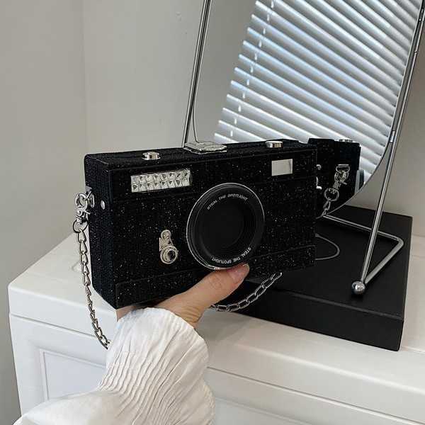 Small bag, women's camera bag, box bag, shiny film, single shoulder small square bag, crossbody chain, single shoulder bag 241215